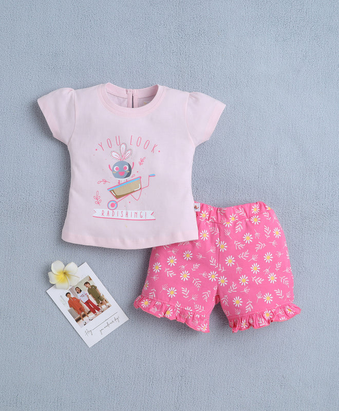 BUMZEE Baby Pink & Pink Girls Cap Sleeves T-shirt & Short Set