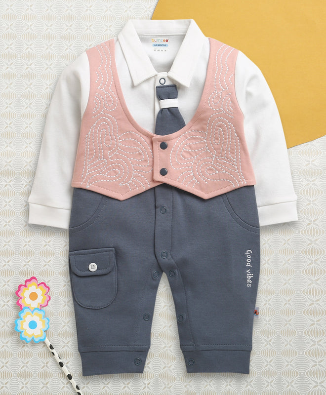 Blue & Pink Boys Full Sleeves Fancy Party Wear Sleepsuit With Attached Tie