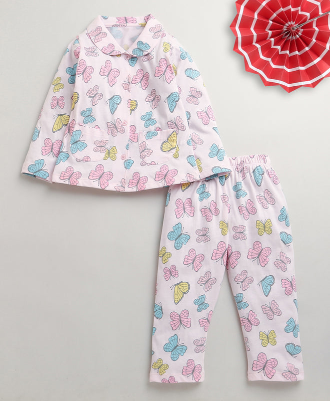 Pink Girls Full Sleeves Cotton Night Suit