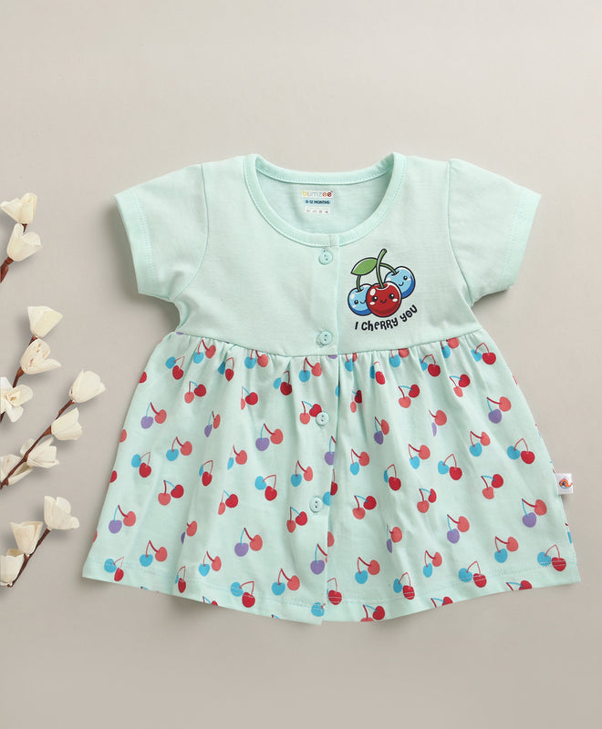 Aqua Blue Girls Cap Sleeves Cotton Knee Length Frock