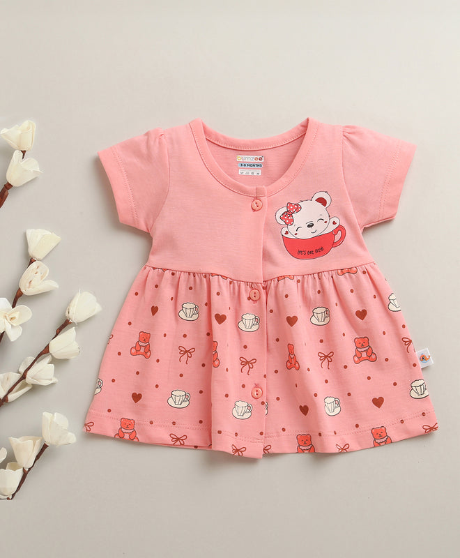 Peach Girls Cap Sleeves Cotton Knee Length Frock
