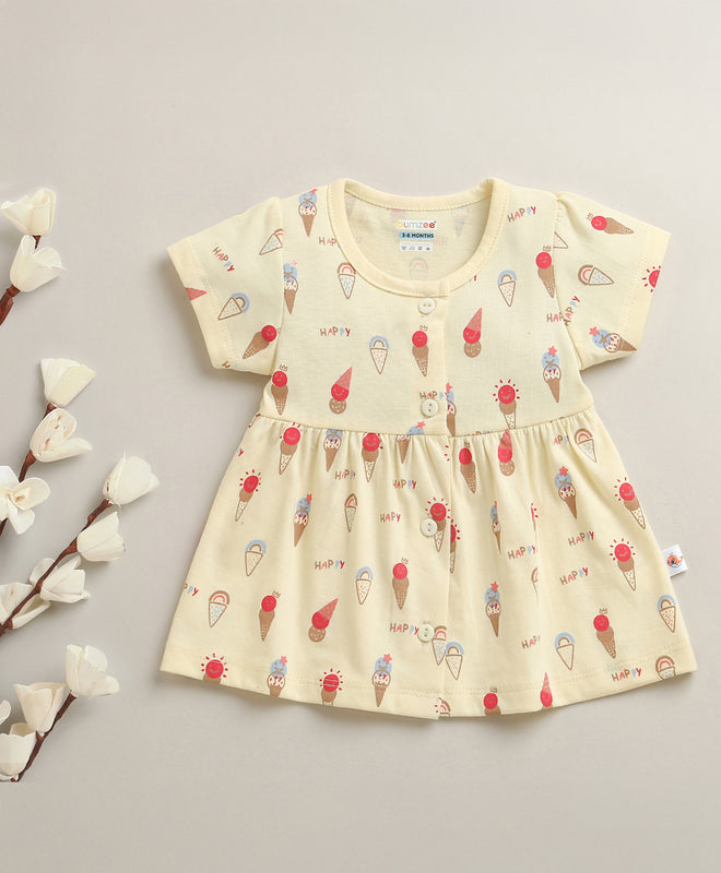 Girls 100% Cotton Icecream Frock - Cream