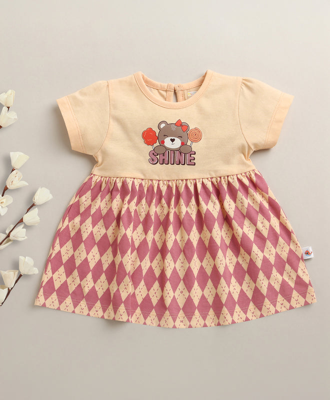 Peach Girls Cap Sleeves Cotton Knee Length Frock