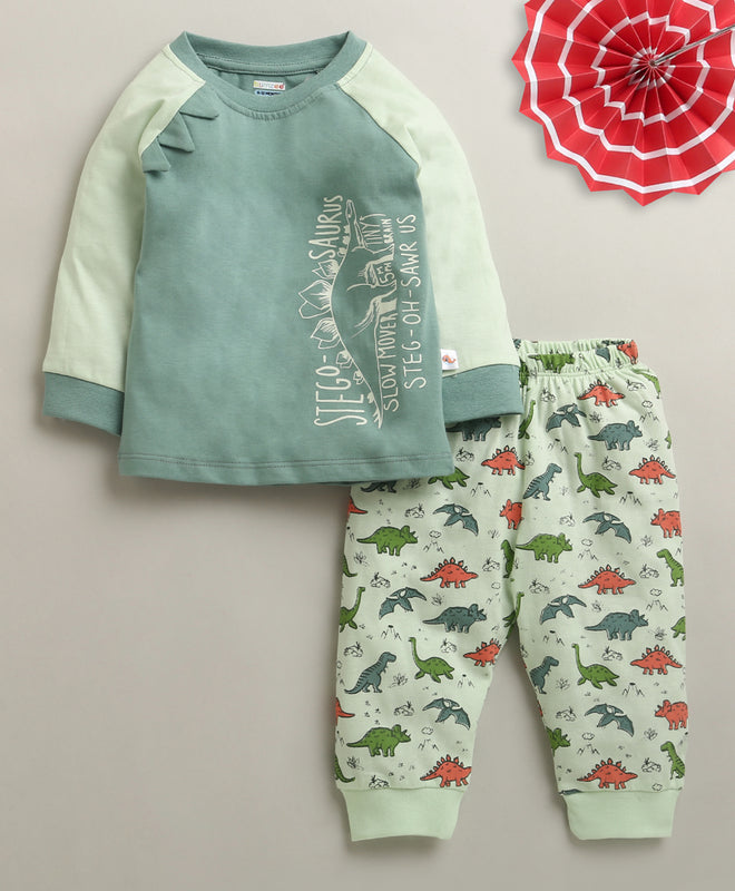 BUMZEE Green Boys Full Sleeves Cotton T-Shirt & Pyjama Set