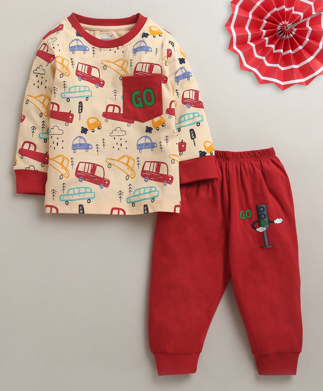Peach & Red Boys Full Sleeves Cotton T-Shirt & Pyjama Set