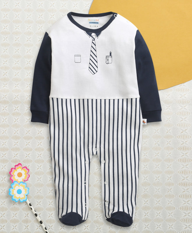 White & Navy Boys Full Sleeves Cotton Trendy Sleepsuit
