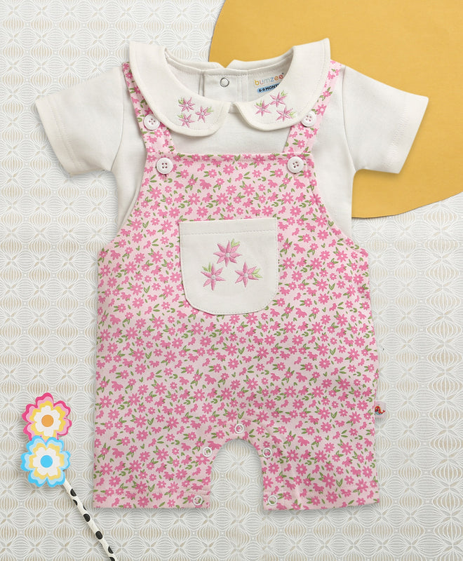 Pink & White Baby Girls Half Sleeves Cotton Dungaree Set With Inner Tee