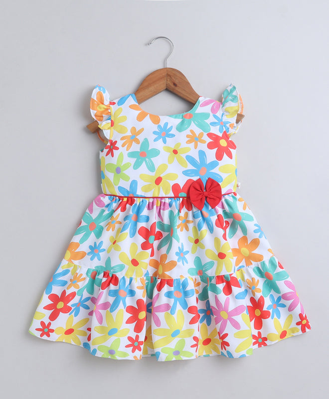 Multi Girls Cap Sleeves Polyester Knee Length Frock