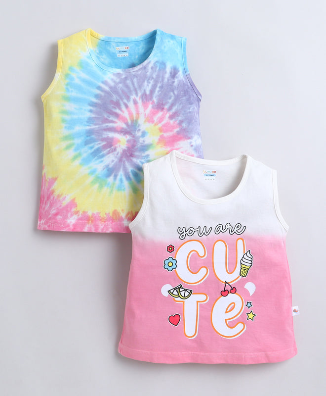 BUMZEE Multi Girls Sleeveless Cotton T-Shirts Pack Of 2