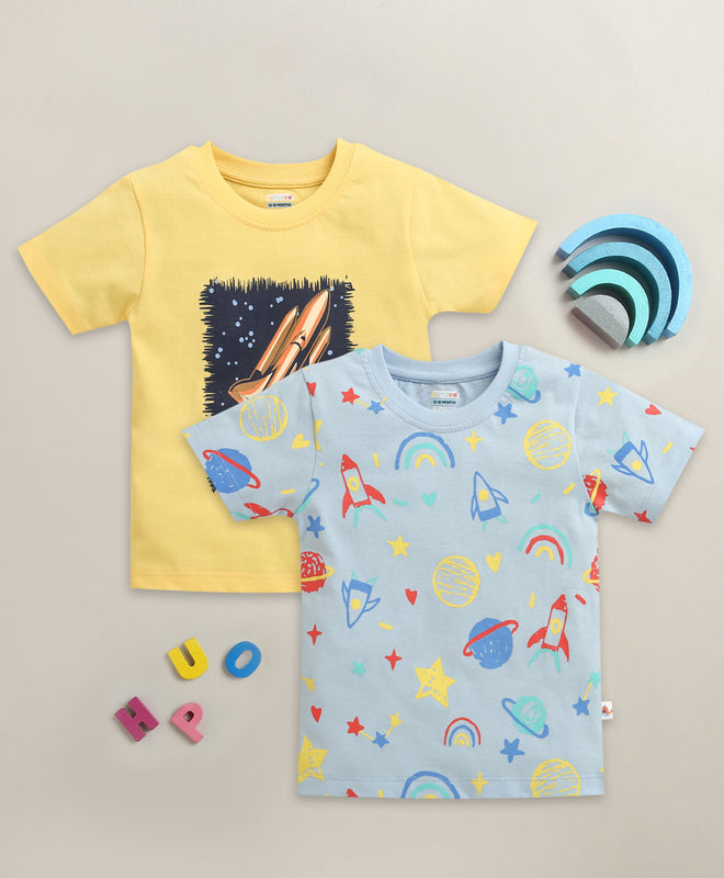BUMZEE Yellow & Sky Blue Boys Half Sleeves Cotton T-Shirts Pack Of 2