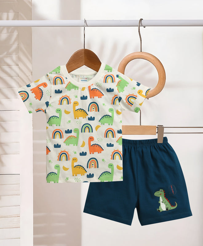 BUMZEE Off White & Teal Boys Half Sleeves T-Shirt & Short Set