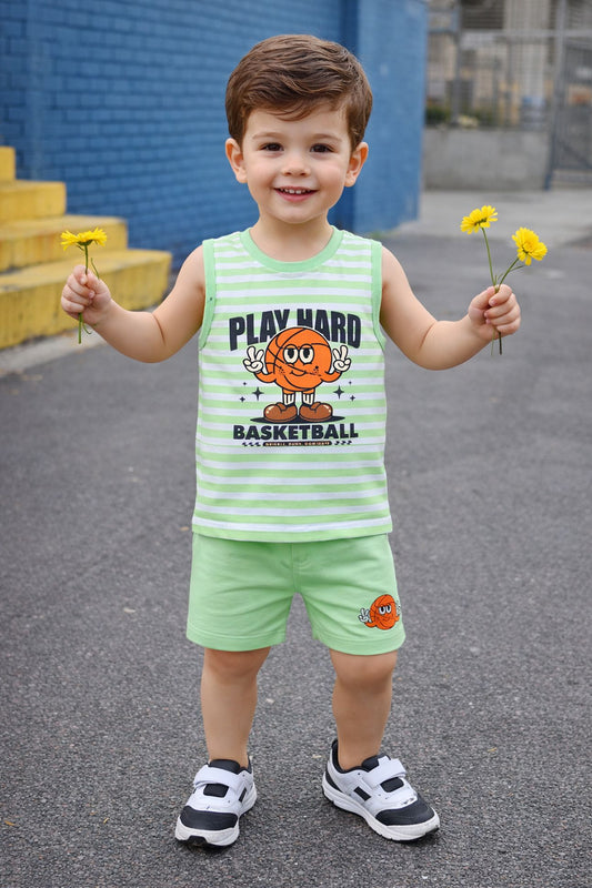 BUMZEE Green & White Boys Sleeveless T-Shirt & Short Set