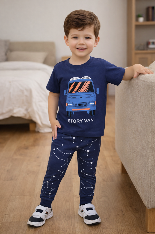 Navy Boys Half Sleeves Cotton T-Shirt & Pyjama Set