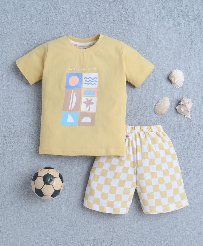 BUMZEE Yellow & White Boys Half Sleeves T-Shirt & Short Set
