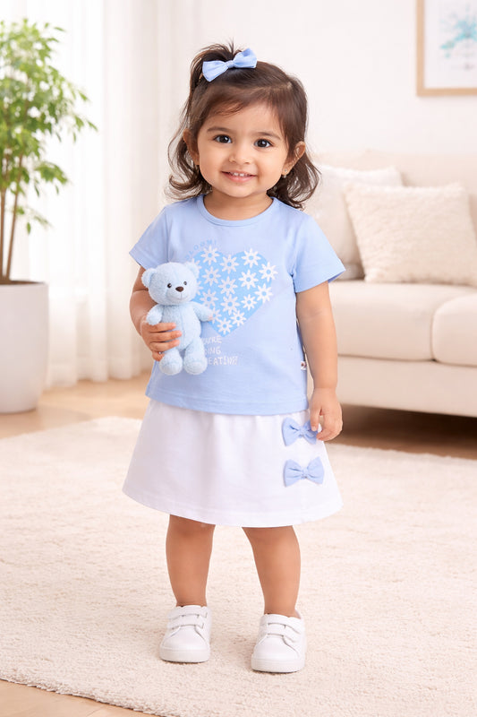 BUMZEE Sky Blue & White Girls Half Sleeves T-Shirt & Skirt Set