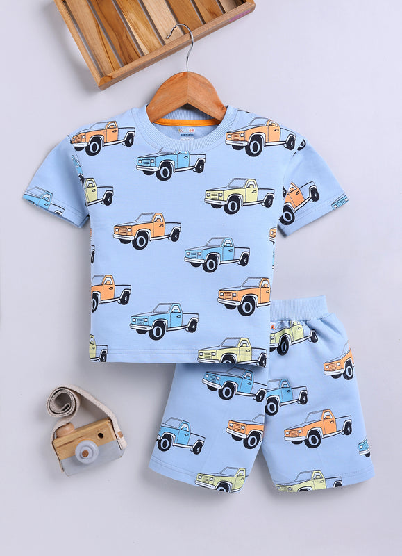 BUMZEE Sky Blue Boys Half Sleeves Oversized T-Shirt & Short Set