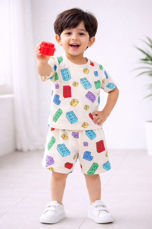 BUMZEE Beige Boys Half Sleeves Oversized T-Shirt & Short Set