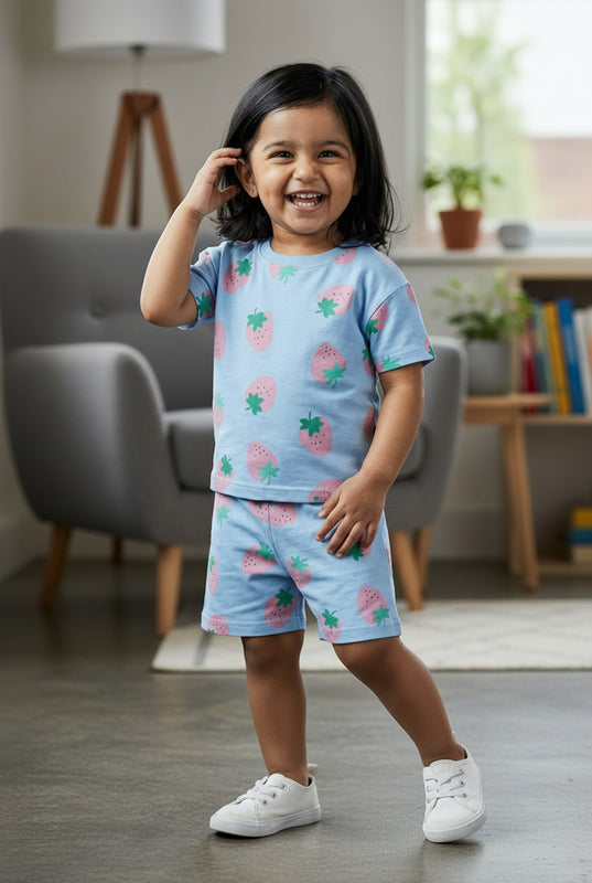 BUMZEE Sky Blue Girls Half Sleeves Oversized T-Shirt & Short Set
