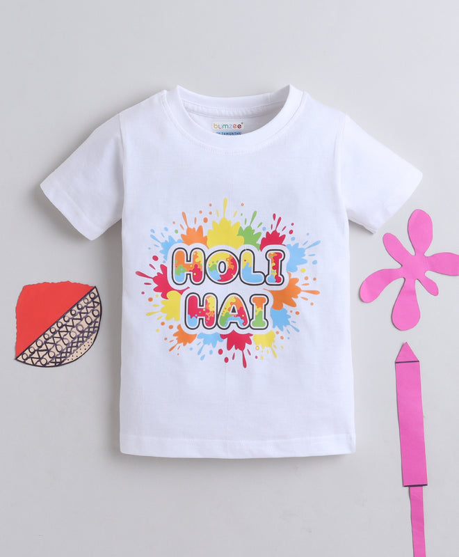 BUMZEE White Unisex Half Sleeves Holi Hai T-Shirt
