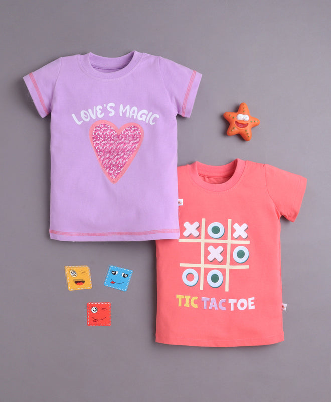 BUMZEE Purple & Coral Girls Half Sleeves Cotton T-Shirts Pack Of 2
