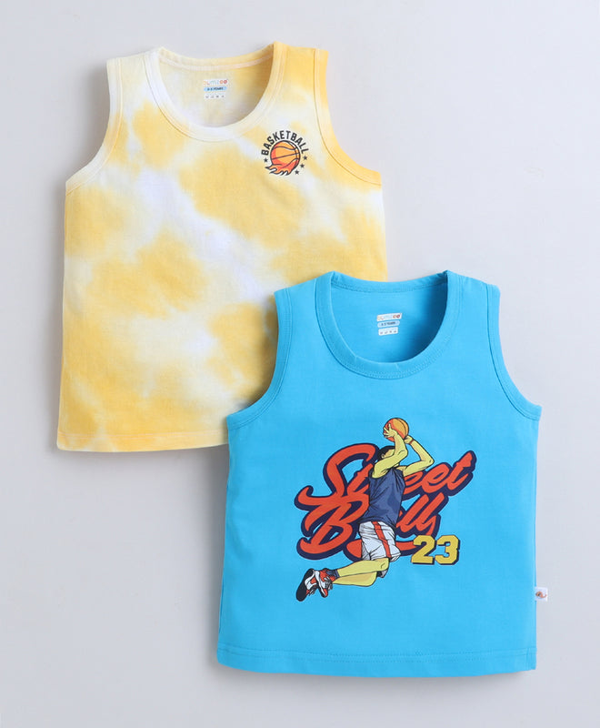 BUMZEE Blue & Yellow Boys Sleeveless Cotton T-Shirts Pack Of 2