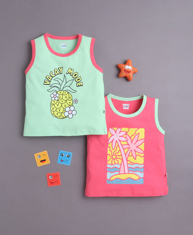 BUMZEE Green & Pink Girls Sleeveless Cotton T-Shirts Pack Of 2