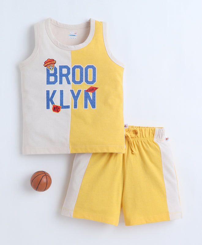 BUMZEE Yellow & Beige Boys Sleeveless T-Shirt & Short Set