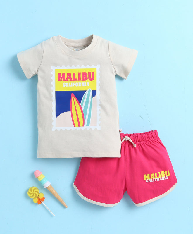 Beige & Pink Girls Half Sleeves T-Shirt & Short Set