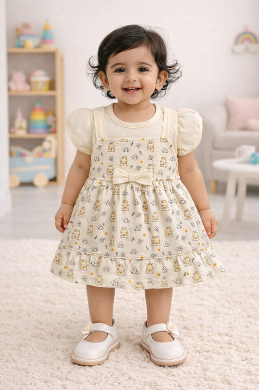 Cream Girls Half Sleeves Frock / Dress