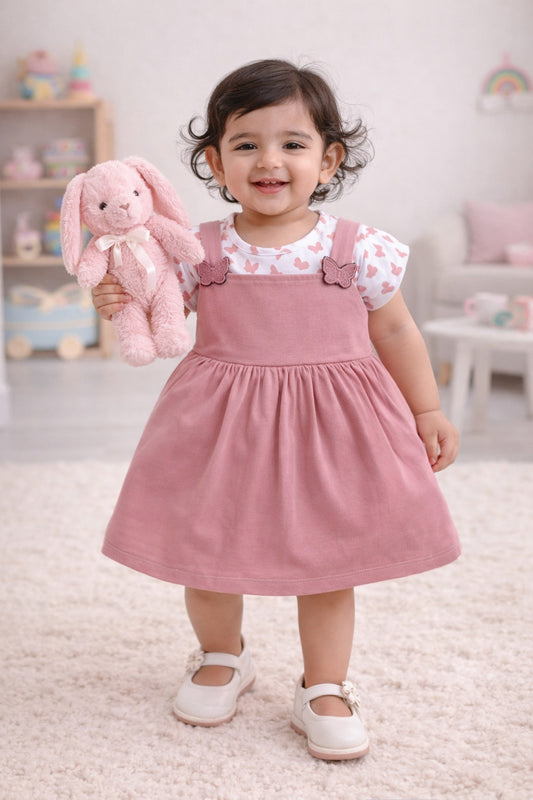 Pink & Off White Girls Half Sleeves Frock / Dress