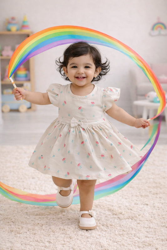 Beige Girls Half Sleeves Frock / Dress