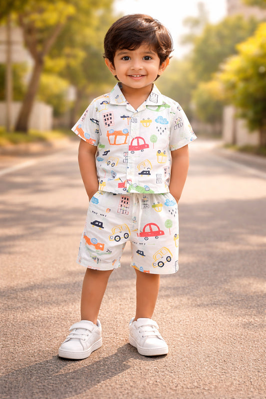 BUMZEE White Boys Half Sleeves Cotton Shirt & Short Set
