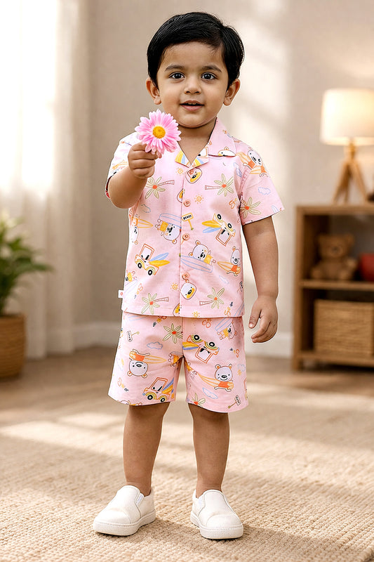 BUMZEE Peach Boys Half Sleeves Cotton Shirt & Short Set