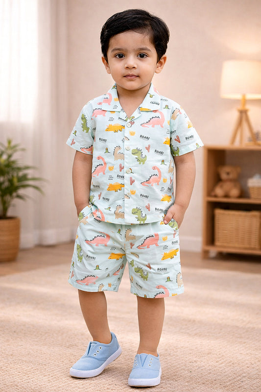 BUMZEE Green Boys Half Sleeves Cotton Shirt & Short Set