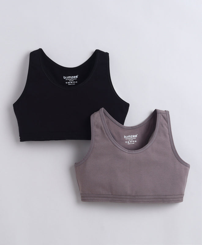 BUMZEE Black & Grey Girls Cotton Non Padded Beginners Sport Bra Pack of 2