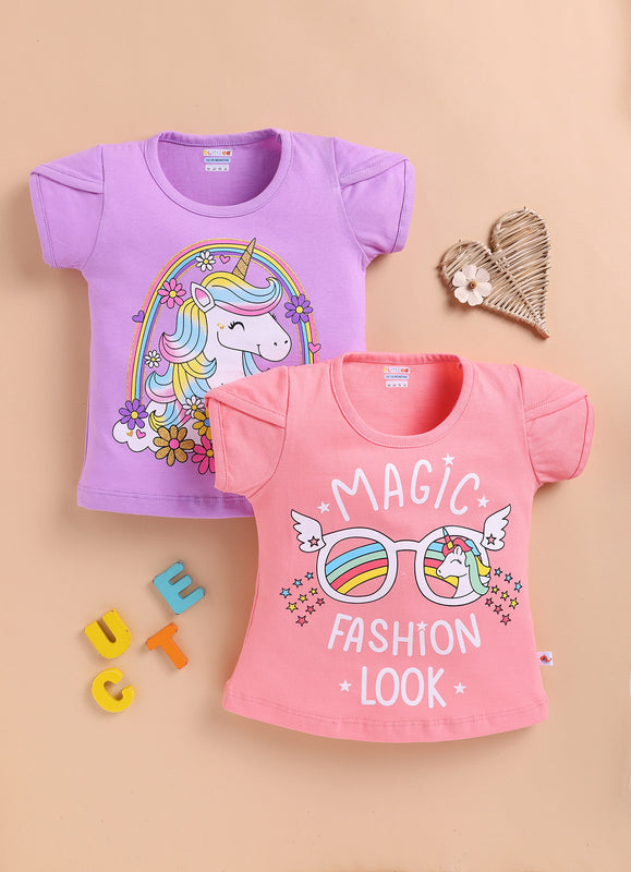 BUMZEE Peach & Lavender Girls Half Sleeves Cotton T-Shirts Pack Of 2