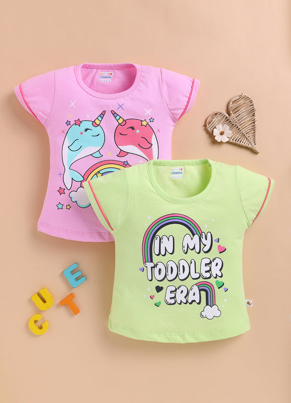BUMZEE Green & Pink Girls Half Sleeves Cotton T-Shirts Pack Of 2