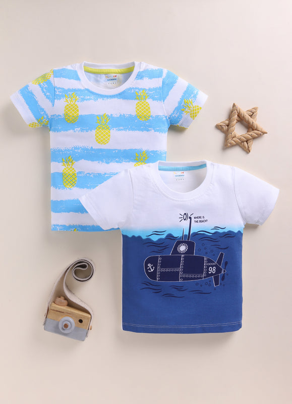BUMZEE White & Blue Boys Half Sleeves Cotton T-Shirts Pack Of 2