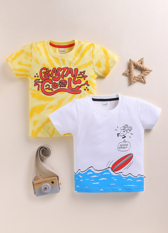BUMZEE Yellow & White Boys Half Sleeves Cotton T-Shirts Pack Of 2