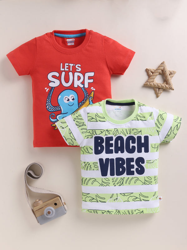 BUMZEE Red & Green Boys Half Sleeves Cotton T-Shirts Pack Of 2