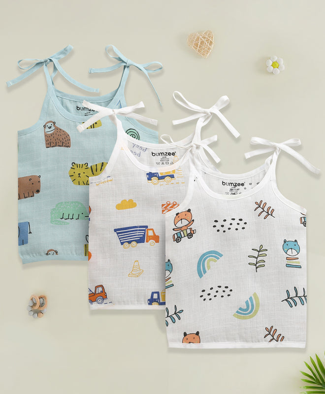 Boys Sleeveless Pure Cotton Muslin Knot Jabla Blue & White Pack of 3
