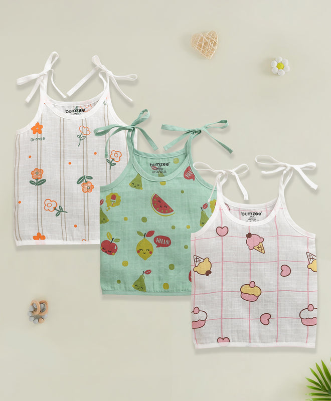 Girls Sleeveless Pure Cotton Muslin Knot Jabla White & Green Pack of 3
