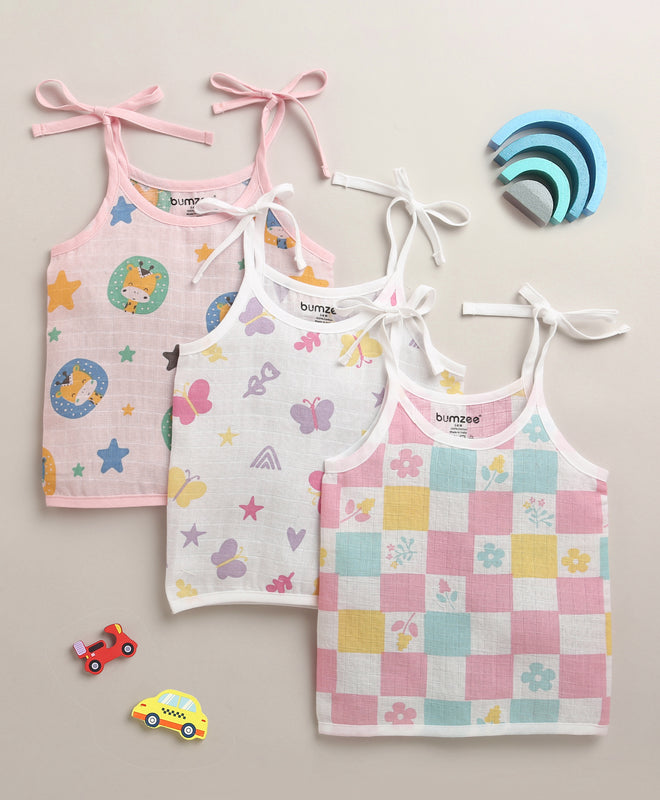 Girls Sleeveless Pure Cotton Muslin Knot Jabla Pink & White Pack of 3