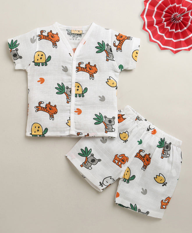 White Baby Boys Half Sleeves Pure Cotton Muslin Jabla & Short Set