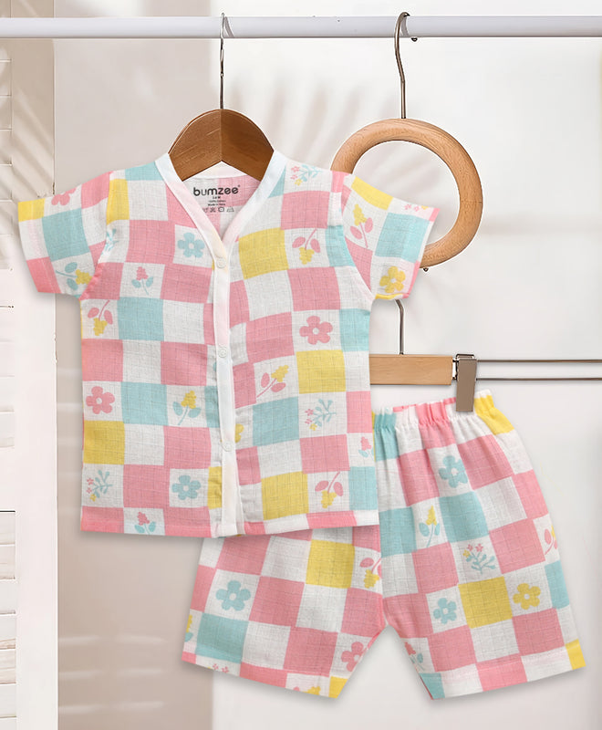 Multi Baby Girls Half Sleeves Pure Cotton Muslin Jabla & Short Set