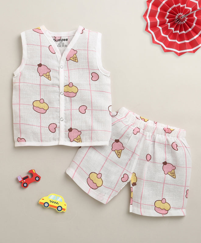 White Baby Girls Sleeveless Pure Cotton Muslin Jabla & Short Set