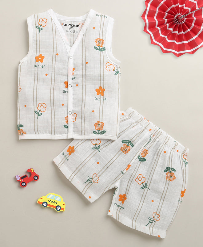 White Baby Girls Sleeveless Pure Cotton Muslin Jabla & Short Set