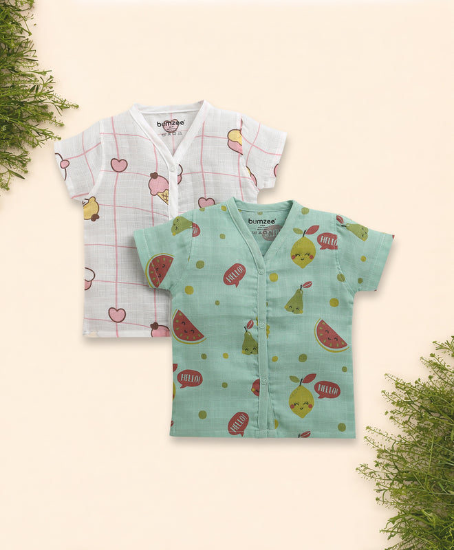 Girls Half Sleeves Pure Cotton Muslin Jabla White & Green Pack of 2