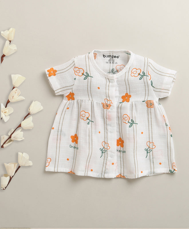 White Girls Half Sleeves Cotton Muslin Above Knee Length Frock
