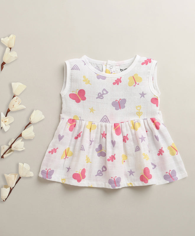 White Girls Sleeveless Cotton Muslin Above Knee Length Frock